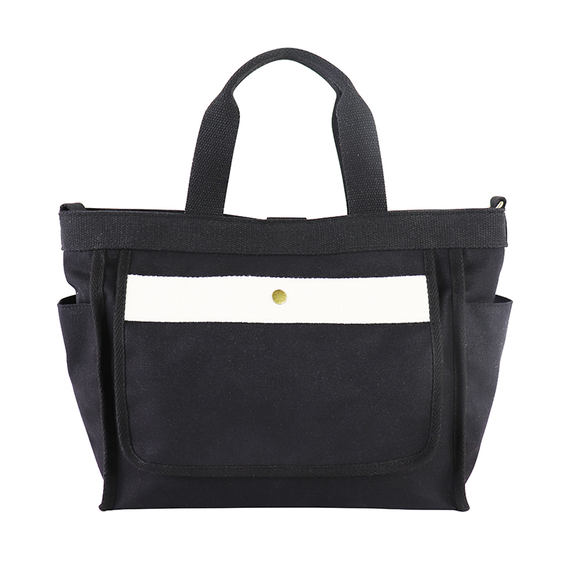 Custom OEM Black Canvas Shoulder Tote with Contrast Front Pocket SRF19-005