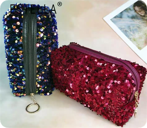 Sequin-covered cosmetic pouches