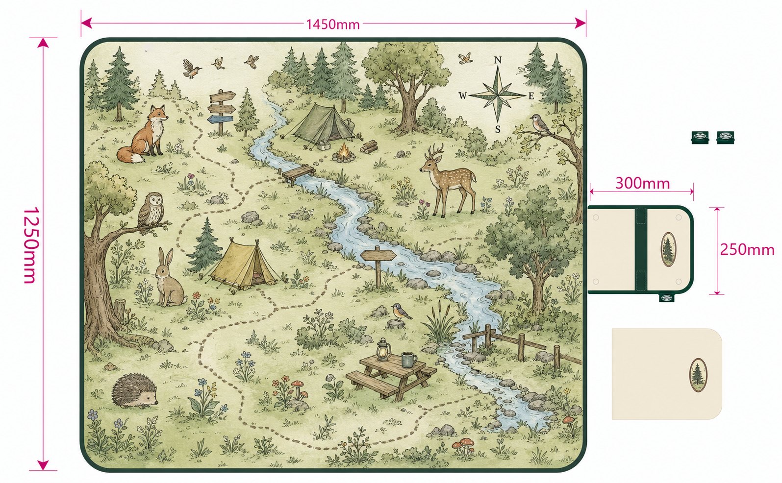 Custom picnic mat artwork showing the required 145 by 125 centimeter printed area