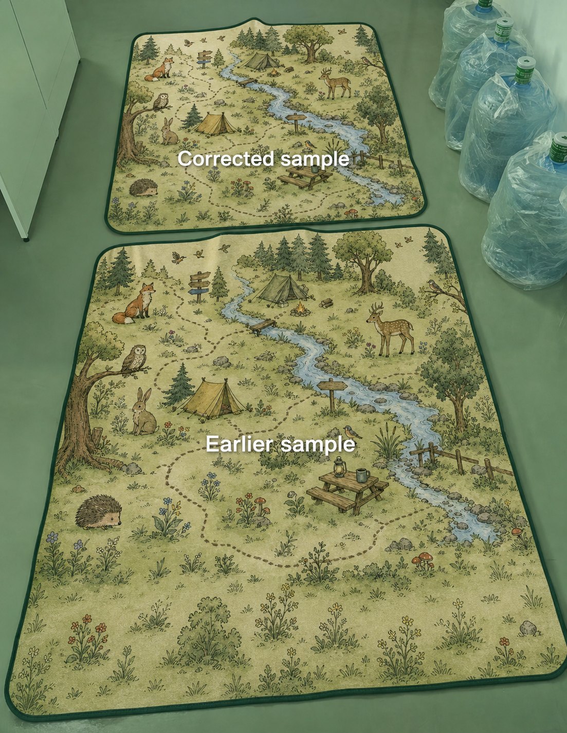 Comparison of the corrected picnic mat pre-production sample and the earlier distorted sample