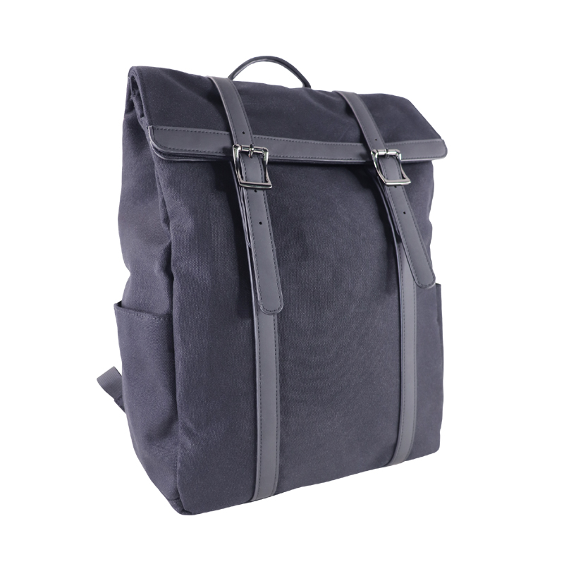 Custom OEM Navy Roll-Top Backpack with Buckle Straps and Side Pockets product view 2