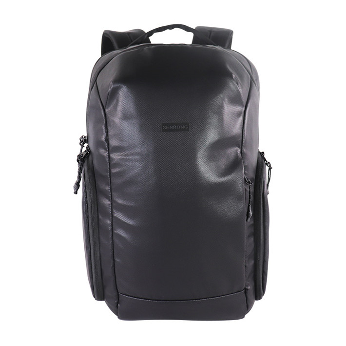 Custom black water-resistant business laptop backpack with side compartments