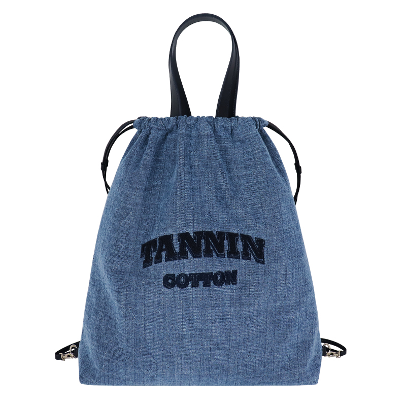 Custom Denim Drawstring Shoulder Tote Bag with Leather-Look Handles SRF23-030B