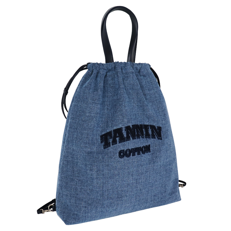 Custom Denim Drawstring Shoulder Tote Bag with Leather-Look Handles — detail view 3
