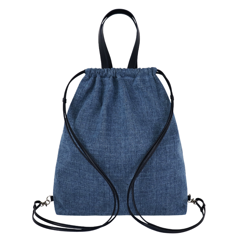 Custom Denim Drawstring Shoulder Tote Bag with Leather-Look Handles — detail view 4