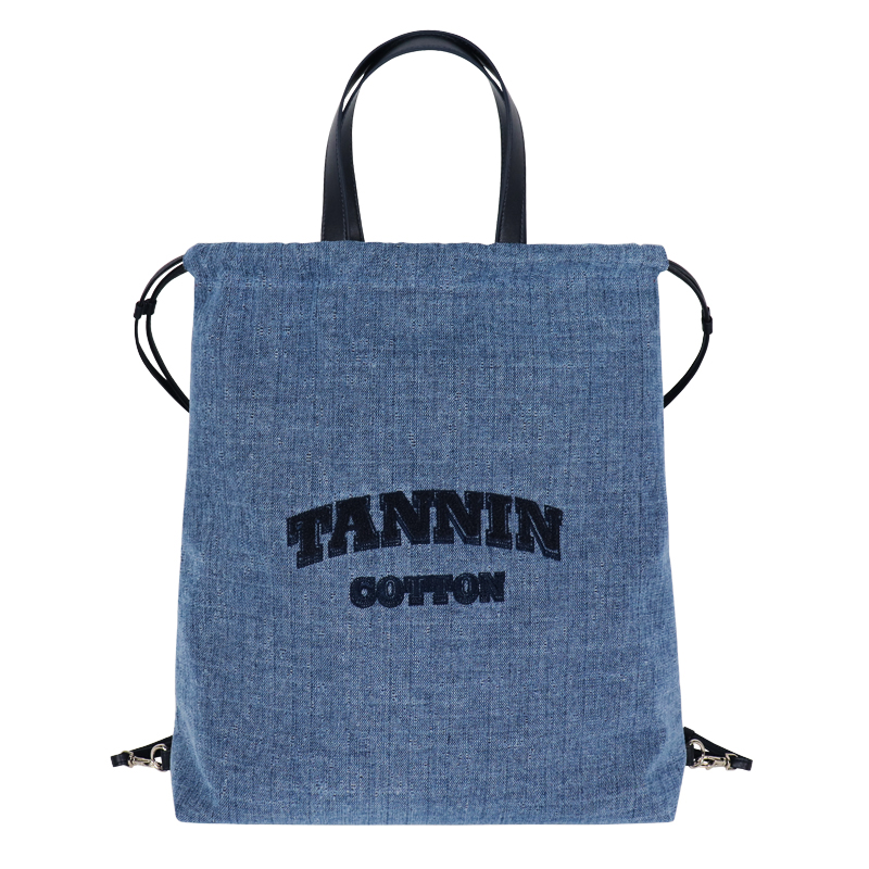 Custom Denim Drawstring Shoulder Tote Bag with Leather-Look Handles — detail view 5