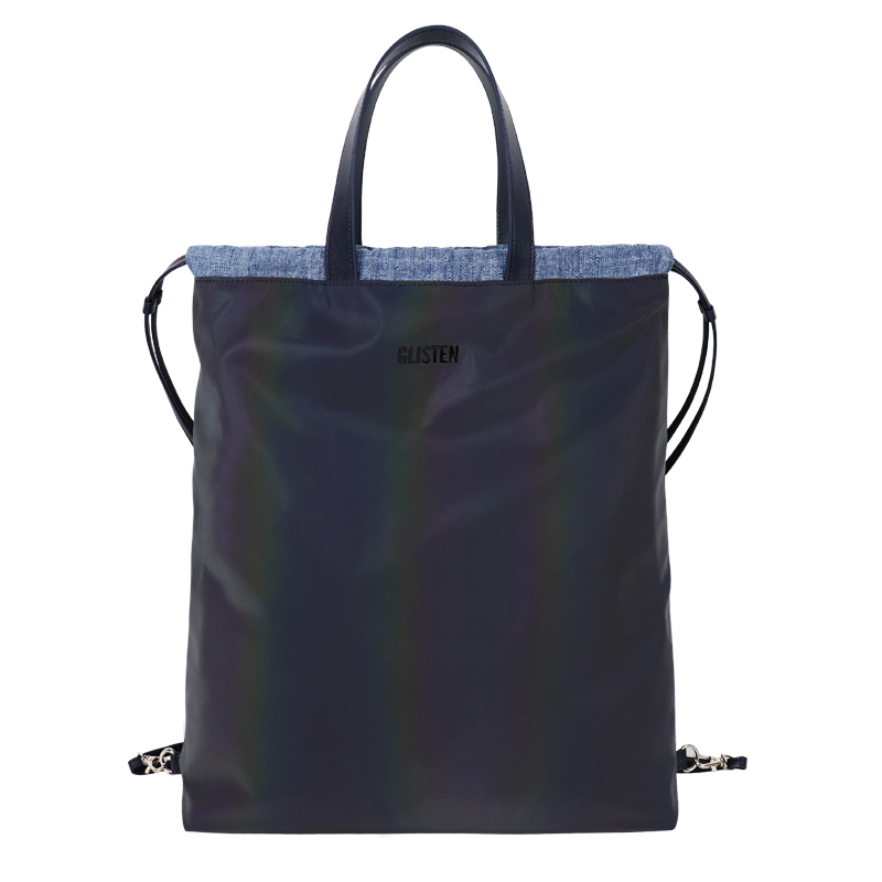 Custom Denim Drawstring Shoulder Tote Bag with Leather-Look Handles — detail view 6