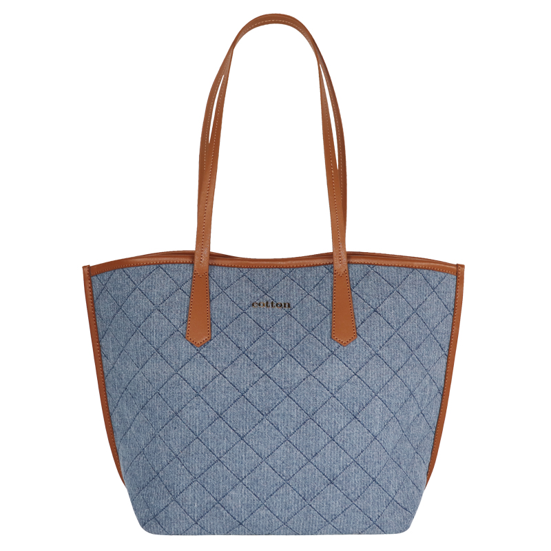 Custom Quilted Denim Shopper Tote with Tan Trim SRF23-033B