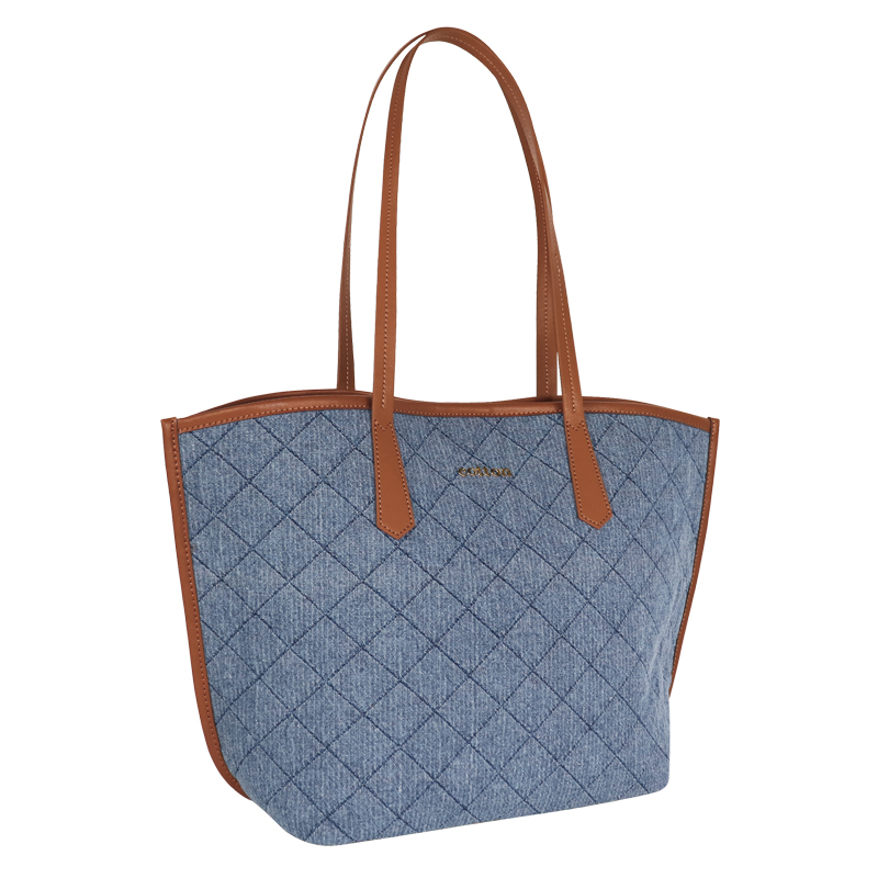 Custom Quilted Denim Shopper Tote with Tan Trim — detail view 3
