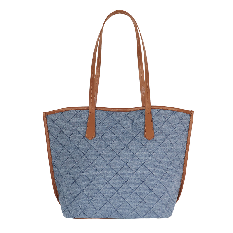 Custom Quilted Denim Shopper Tote with Tan Trim — detail view 4