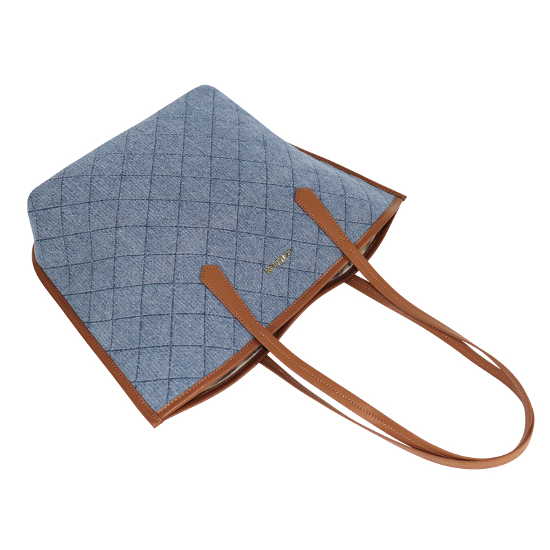 Custom Quilted Denim Shopper Tote with Tan Trim — detail view 5