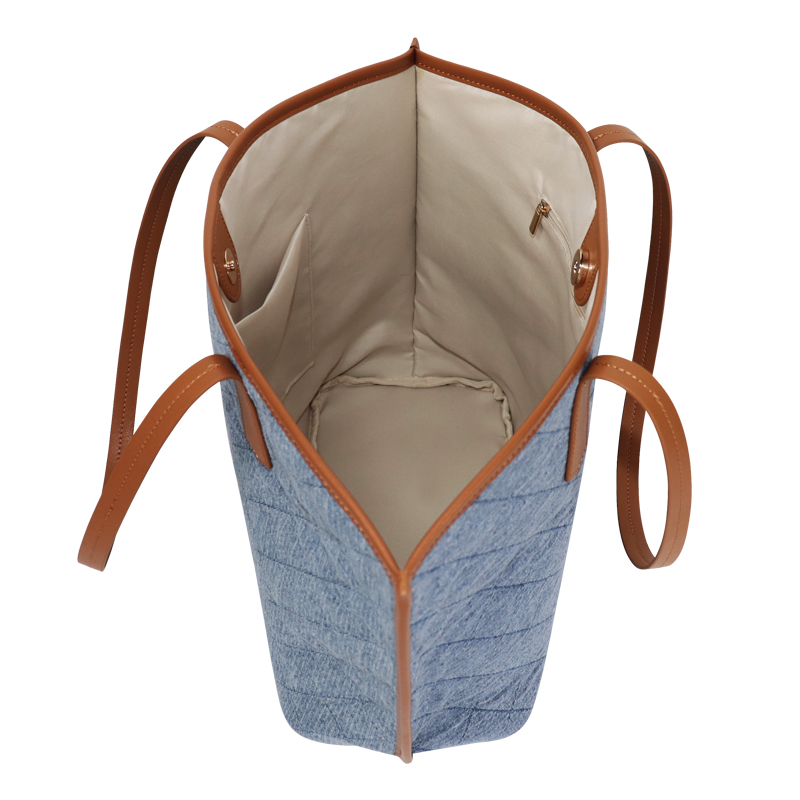 Custom Quilted Denim Shopper Tote with Tan Trim — detail view 6