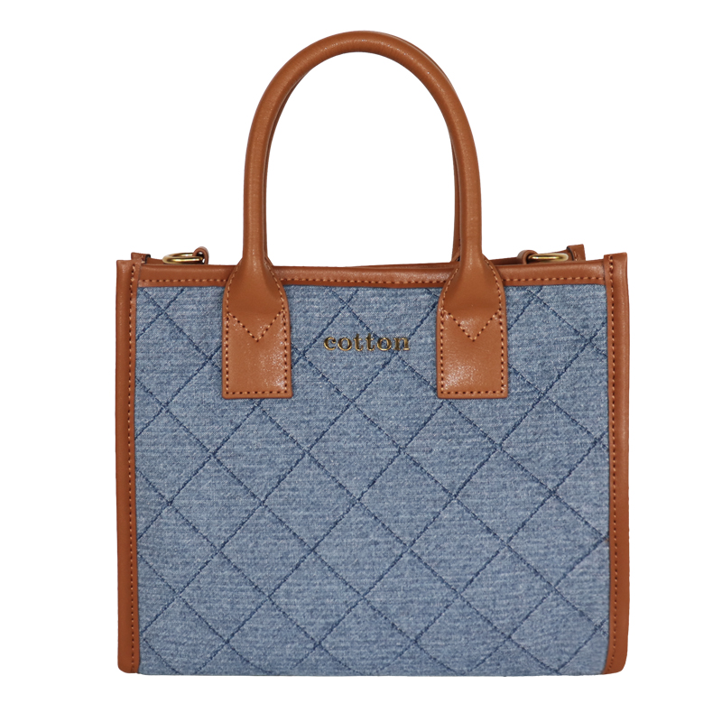 Custom Quilted Denim Structured Handbag with Tan Handles SRF23-034B
