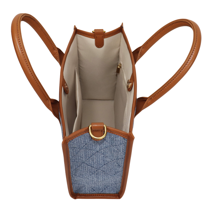 Custom Quilted Denim Structured Handbag with Tan Handles — detail view 5