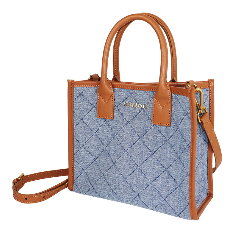 Custom Quilted Denim Structured Handbag with Tan Handles — detail view 6