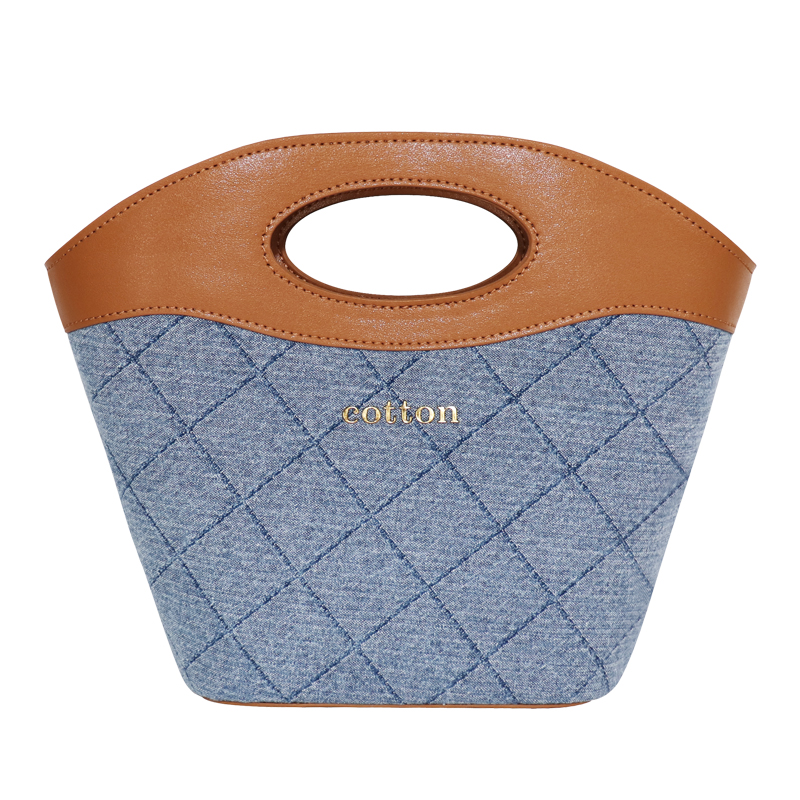 Custom Quilted Denim Top Handle Tote Bag with Oval Cutout SRF23-035B