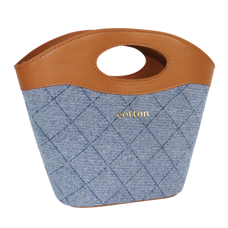 Custom Quilted Denim Top Handle Tote Bag with Oval Cutout — detail view 3