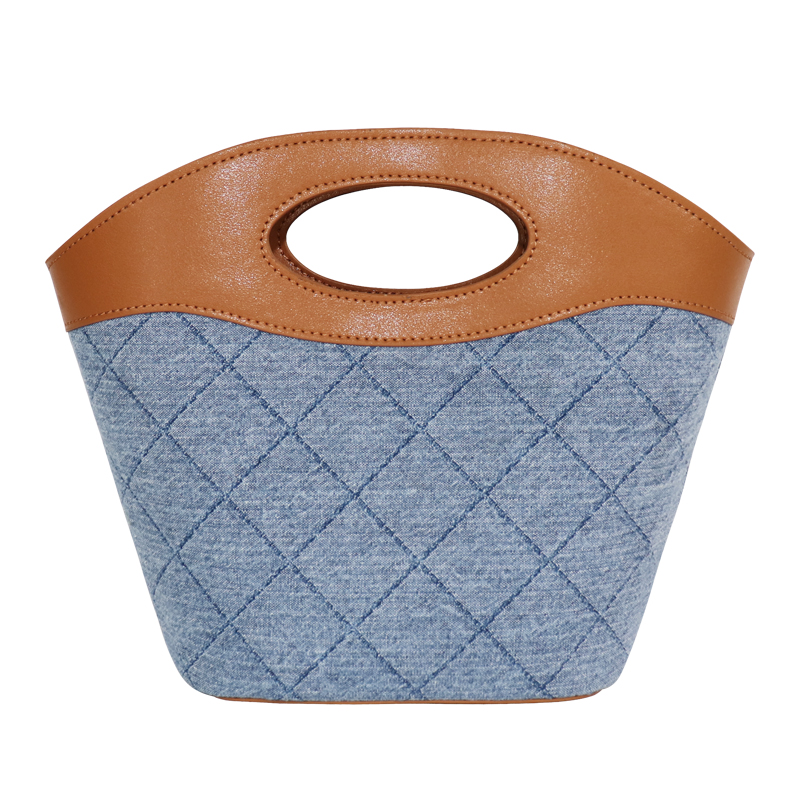 Custom Quilted Denim Top Handle Tote Bag with Oval Cutout — detail view 4