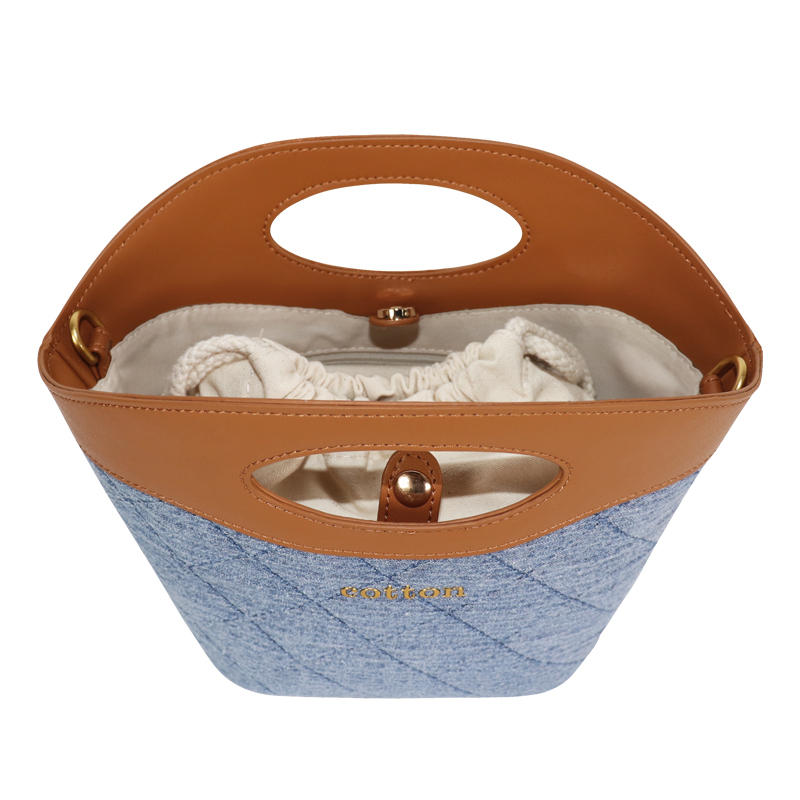 Custom Quilted Denim Top Handle Tote Bag with Oval Cutout — detail view 5