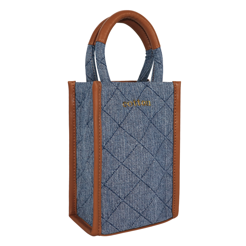Custom Quilted Denim Vertical Tote with Padded Round Handles — detail view 3