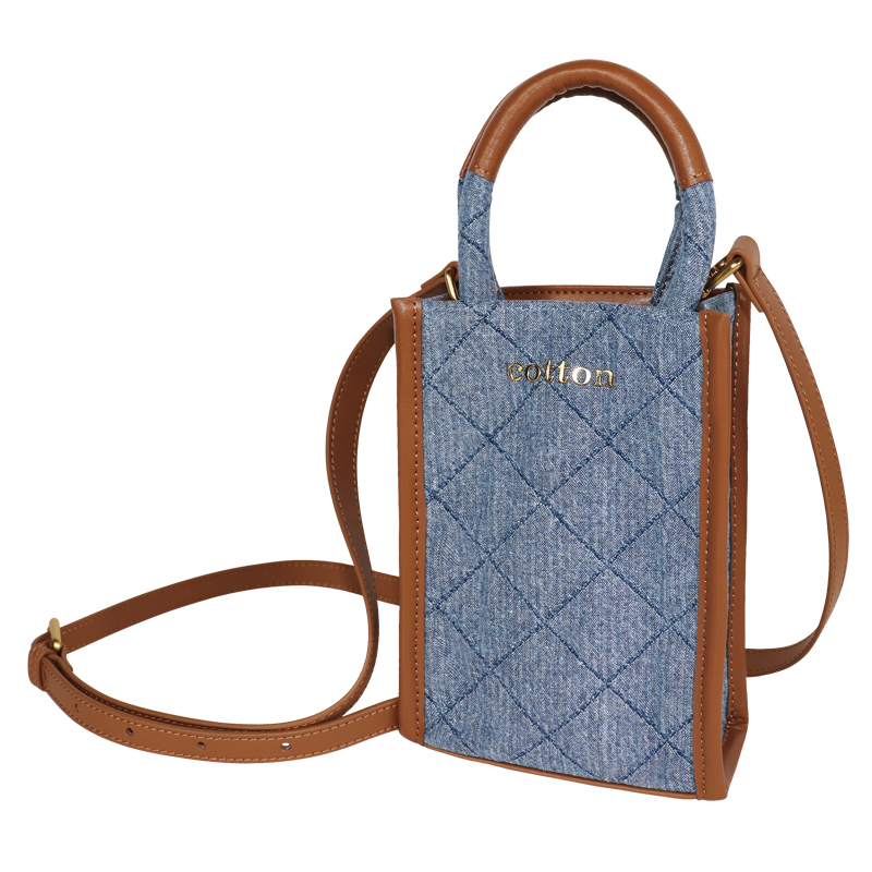 Custom Quilted Denim Vertical Tote with Padded Round Handles — detail view 6