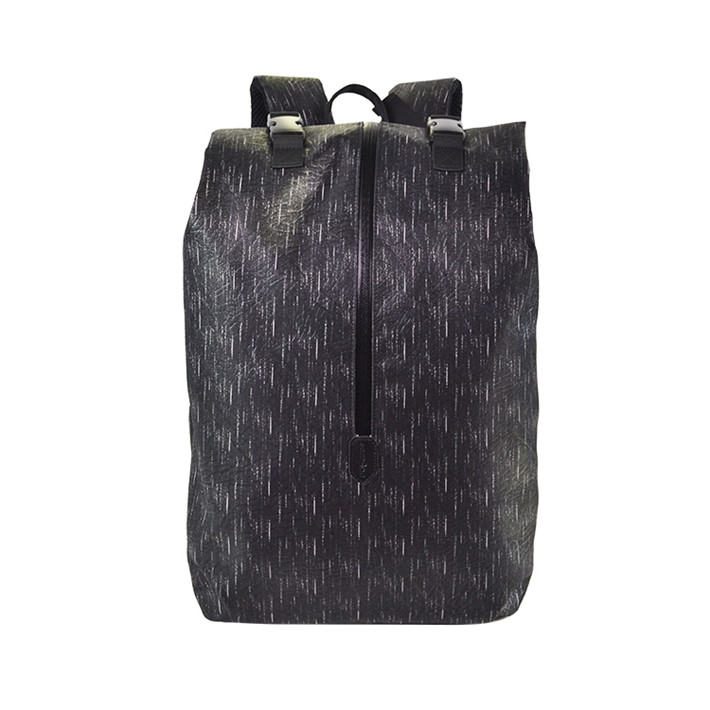 Custom black reflective roll-top backpack with buckle closure