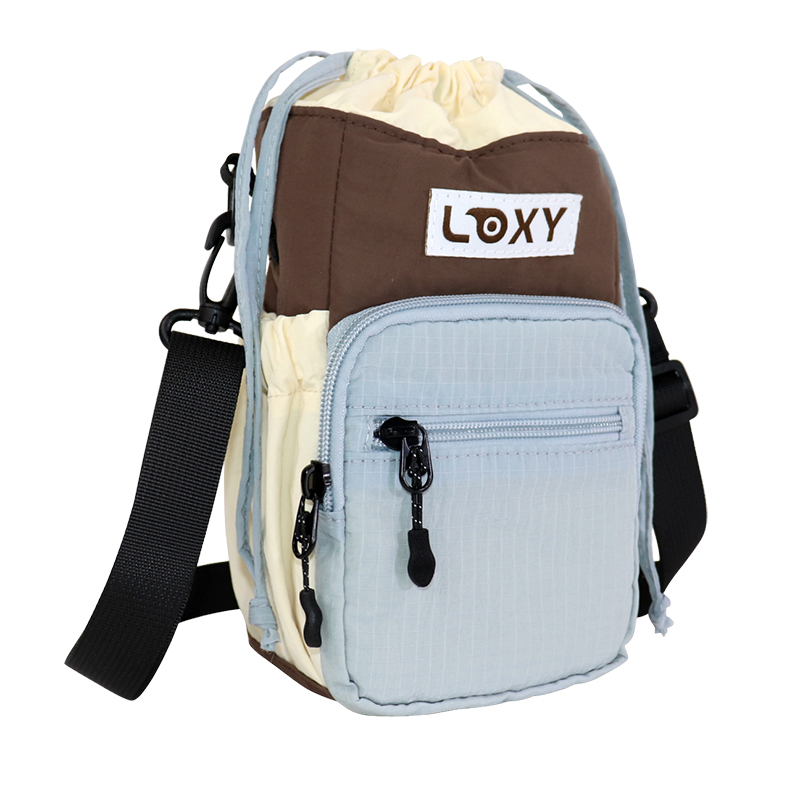 Custom Recycled Polyester Drawstring Bottle Holder Crossbody Bag with Zip Pocket