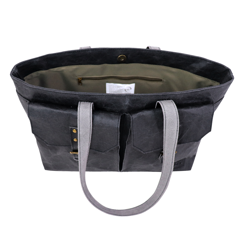 Detail view of Custom Eco-Friendly Washable Paper Shopper Tote with Dual Buckle Pockets SLH26-003B
