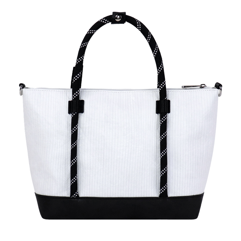 Back or side view of Custom Striped Tyvek-Style Spunbond Polyethylene Flap Tote Bag SLH26-010W