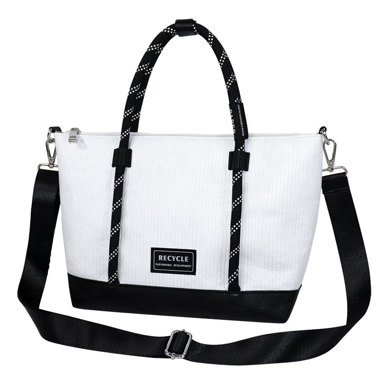 Detail view of Custom Striped Tyvek-Style Spunbond Polyethylene Flap Tote Bag SLH26-010W