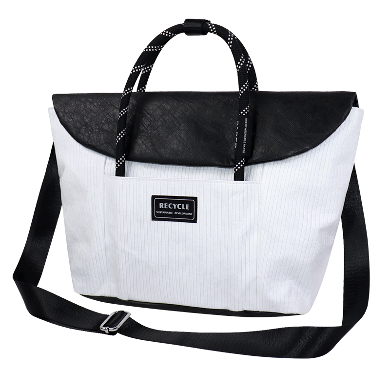 Detail view of Custom Striped Tyvek-Style Spunbond Polyethylene Drawstring Handbag SLH26-011W