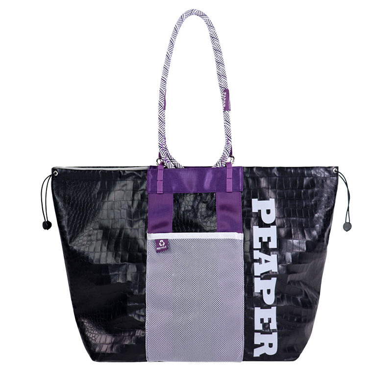 Detail view of Custom PU-Coated Tyvek-Style Drawstring Shopper Bag with Mesh Pocket SLH26-012B