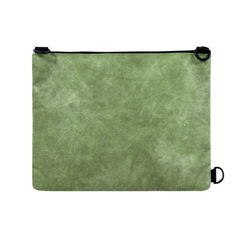 Detail view of Custom Crinkled Tyvek-Style Spunbond Polyethylene Top Handle Bag SLH26-018G