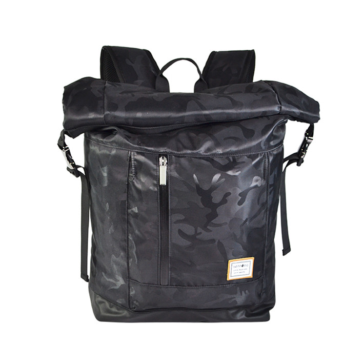 Custom Black Camouflage Roll Top Backpack with Front Zipper SYN17-069