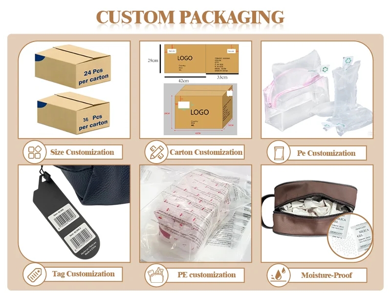 Custom packaging options for wholesale cosmetic bags including cartons polybags hangtags and moisture protection