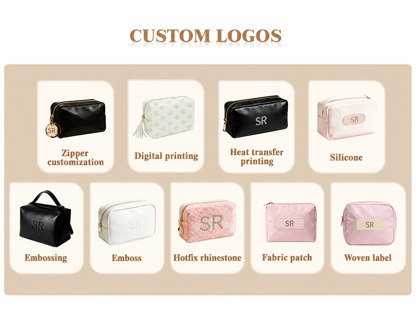 Logo options for custom makeup bags including print embossing patches and woven labels