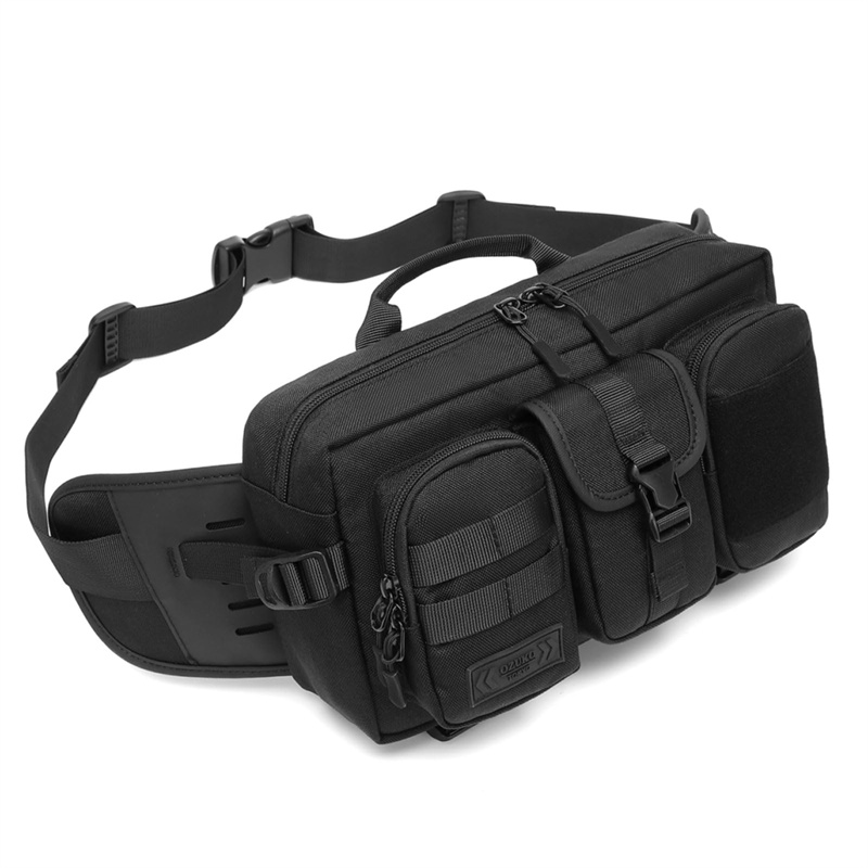Custom black tactical waist bag with padded back panel and front utility pockets