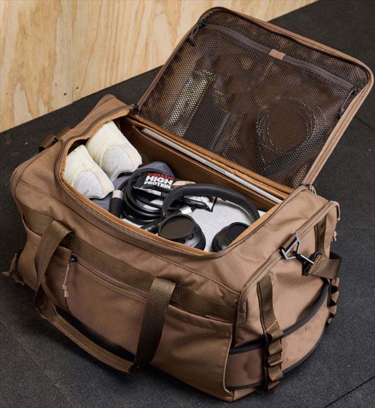 brown fitness duffel bag open with gym accessories - SR-FD-2026-01