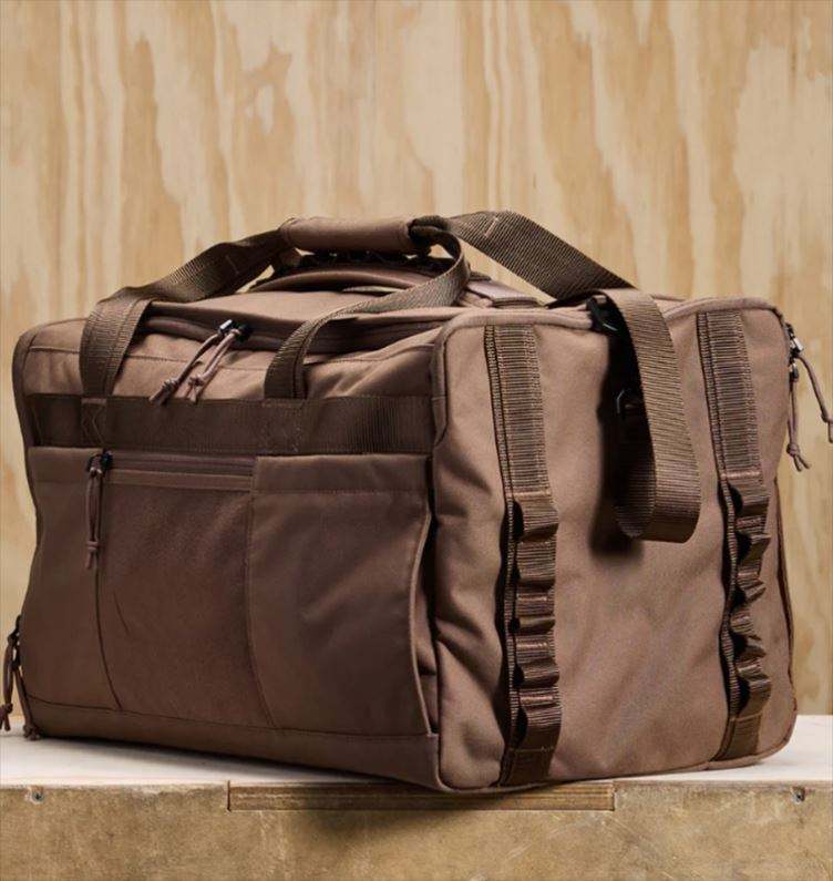 brown fitness duffel bag side view with webbing details - SR-FD-2026-01
