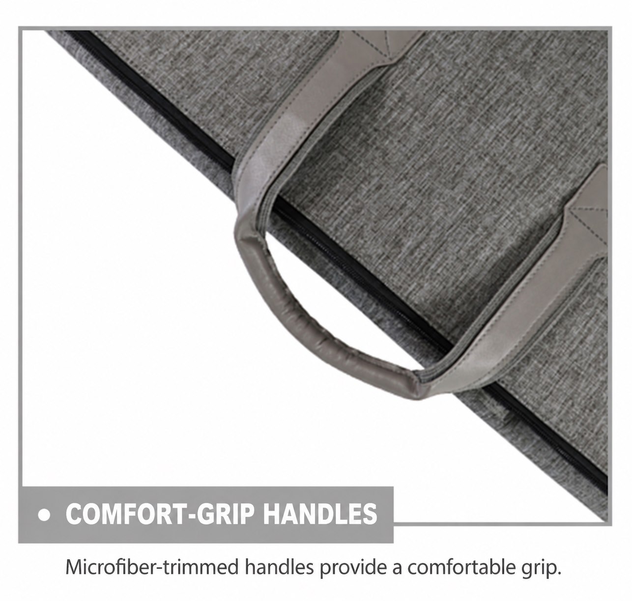 Microfiber trimmed comfort handles on a garment duffel