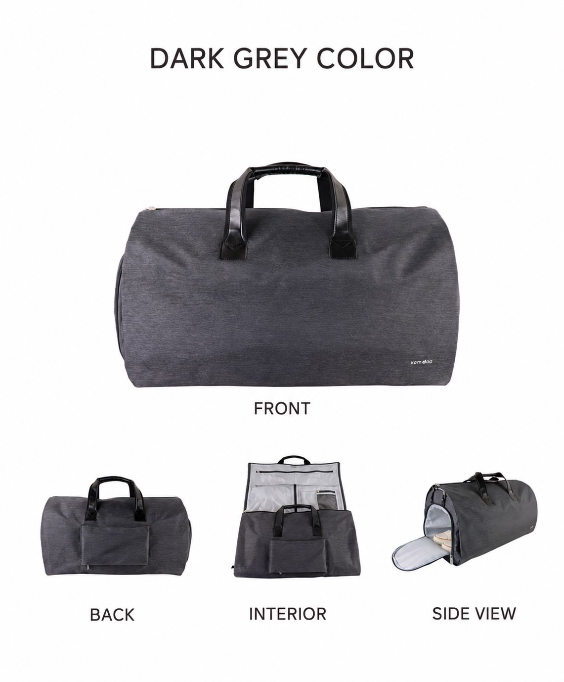 Dark grey garment duffel front back interior and side views