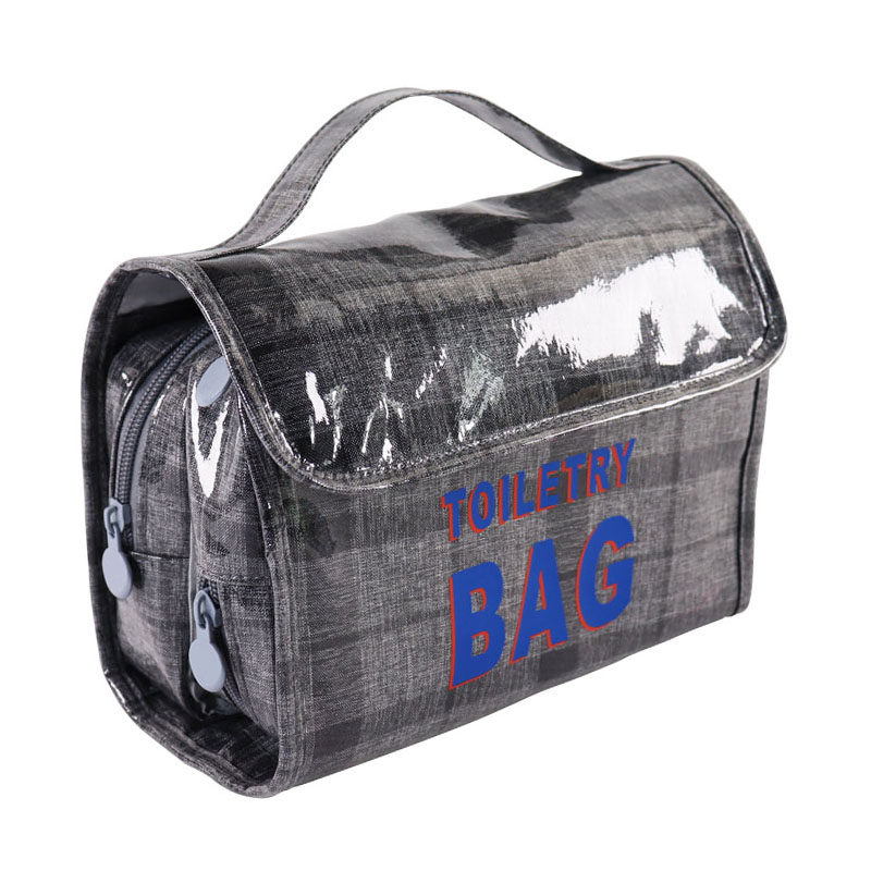 Side view of Senrong's foldable toiletry bag showing the carry handle and zippered body