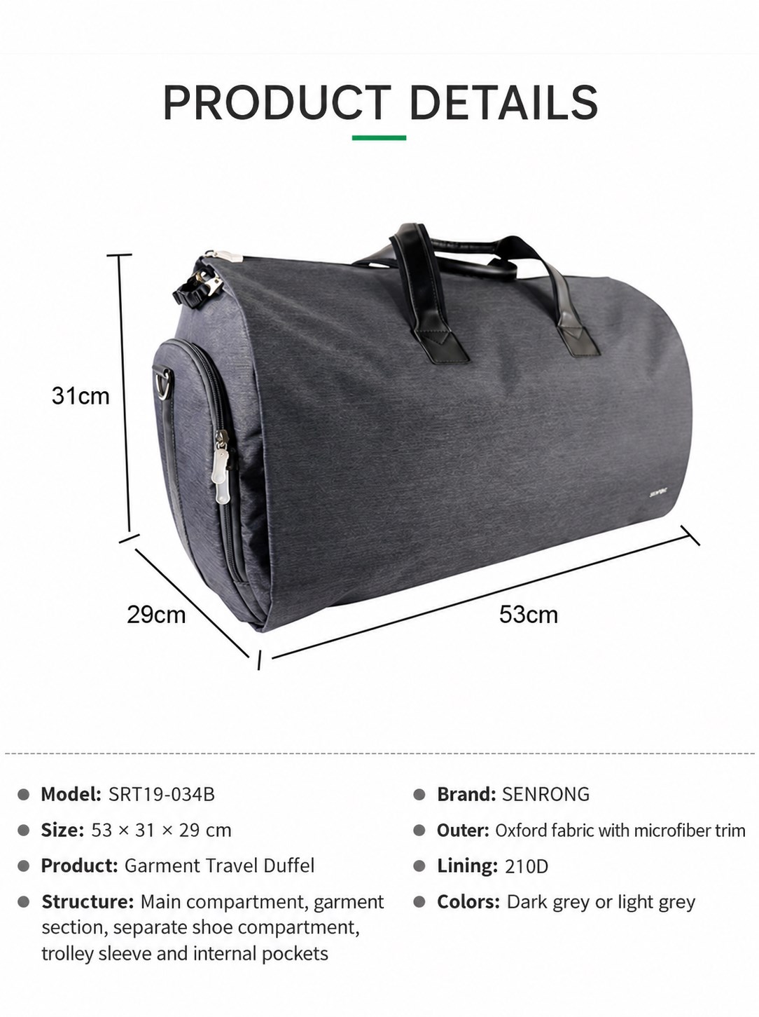Garment duffel product specifications including material size and compartments