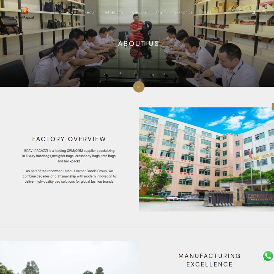 Bravi Bags company website screenshot showing its Guangzhou factory overview