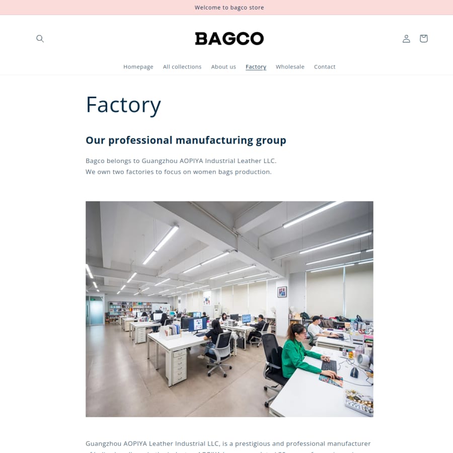 Bagco and Guangzhou AOPIYA factory page screenshot with a production-workshop photo