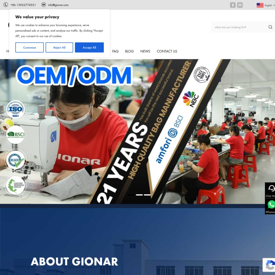 Gionar company website screenshot showing handbag production