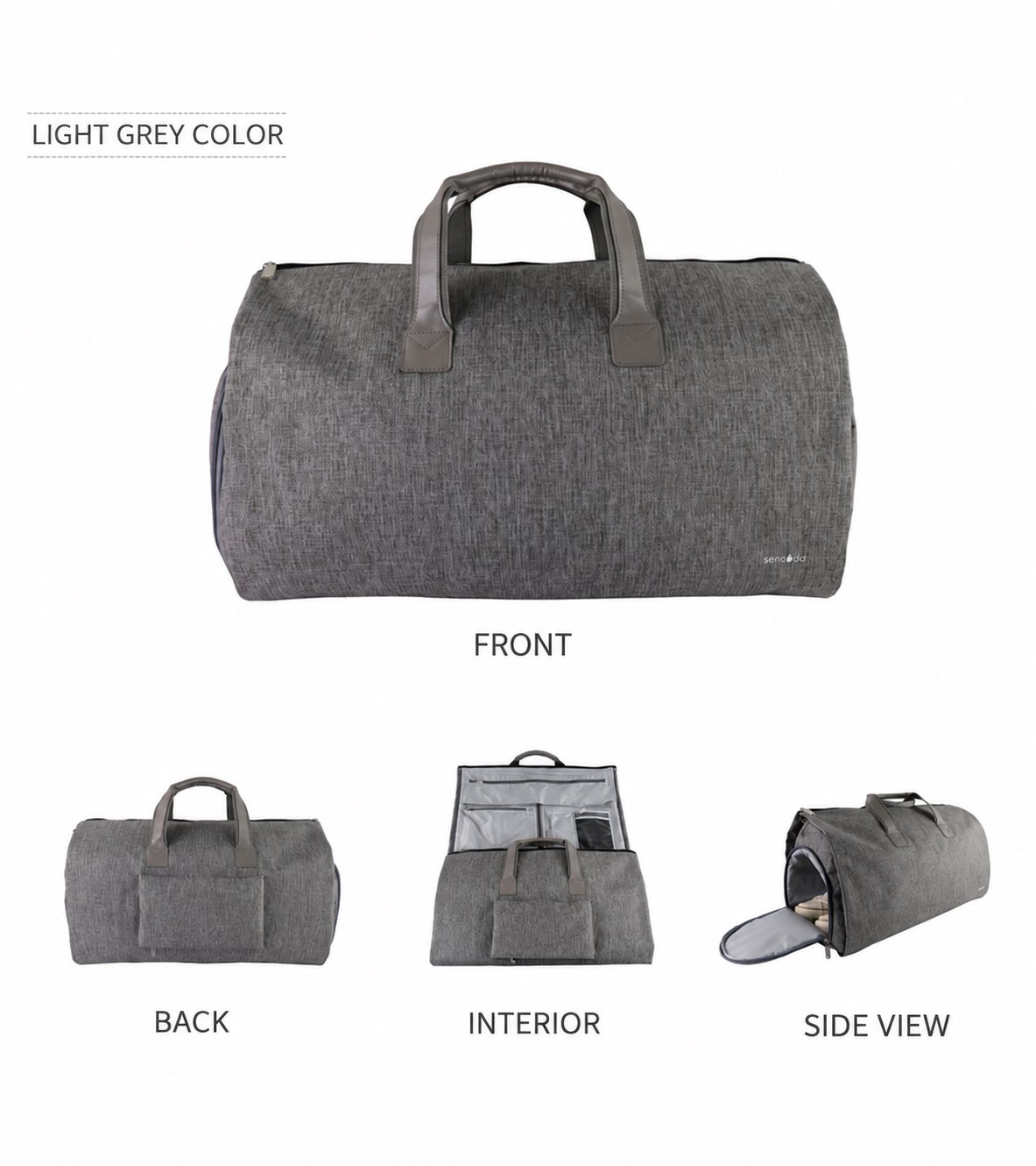 Light grey garment duffel front back interior and side views