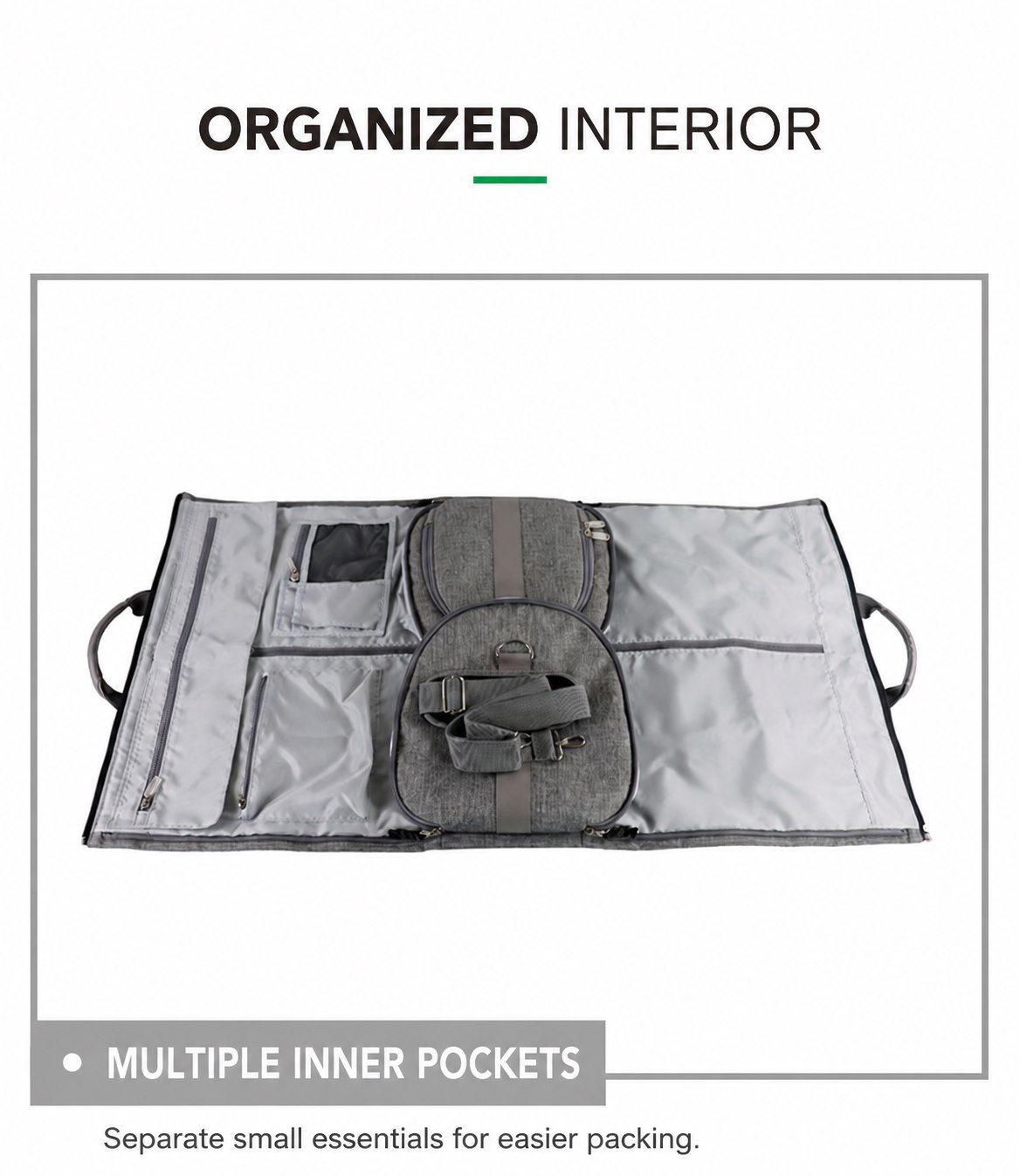 Organized garment duffel interior with multiple pockets