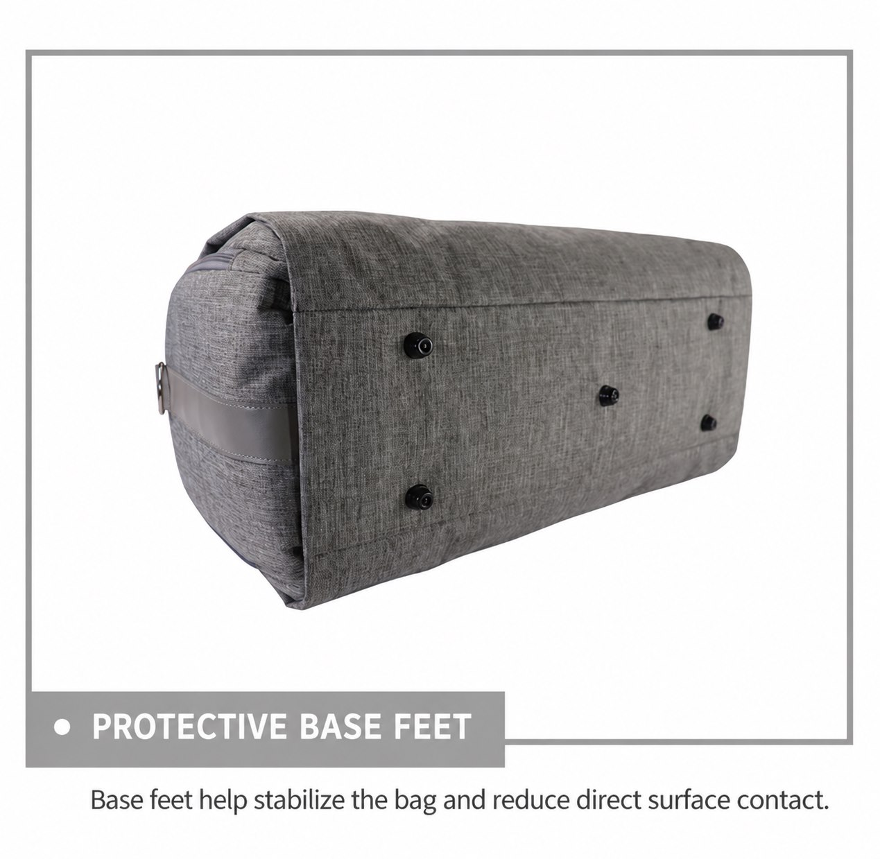 Protective base feet on a custom travel duffel bag