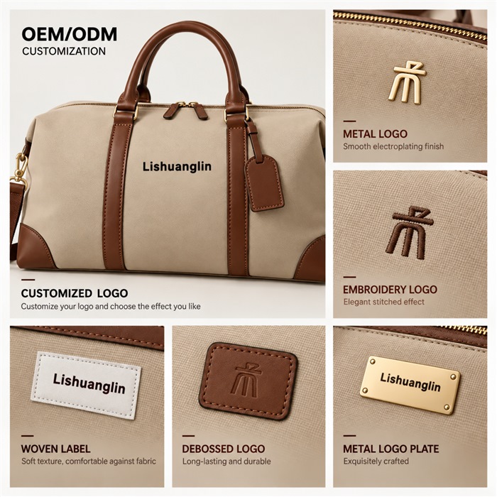 Illustrative branding and logo customization options on a travel duffel bag